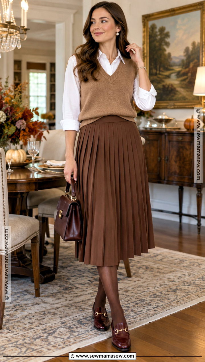 Brown Skirt With White Button Down And Vest - 20 Thanksgiving Outfit Brown Skirt Ideas