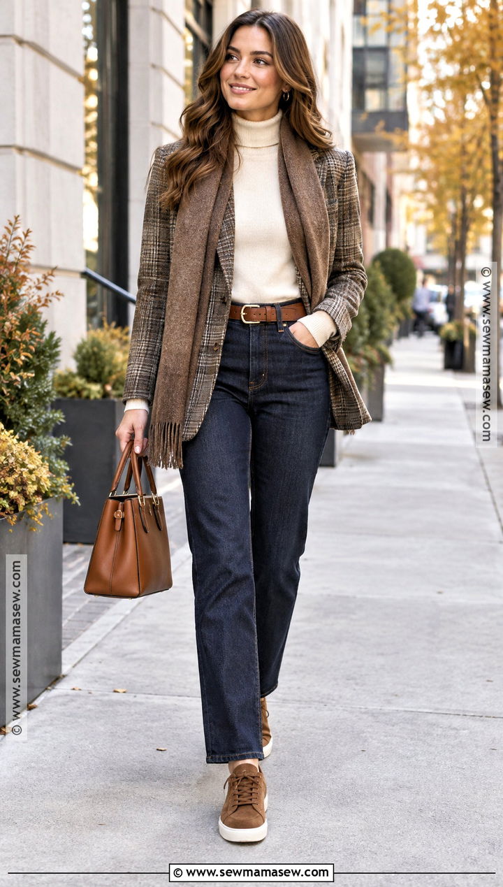 Brown Sneakers With Plaid Blazer And Dark Jeans - 15 Fall Fashion Sneaker Ideas