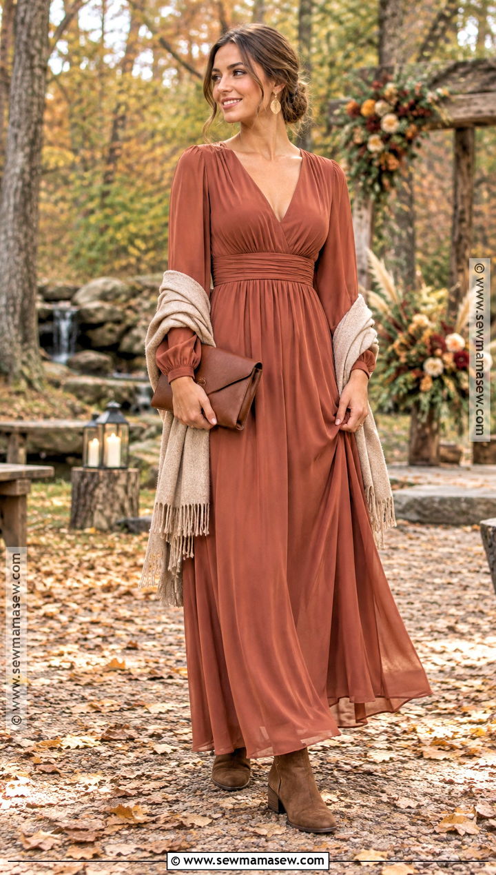 Brown Suede Ankle Boots With Terracotta Dress - 15 Bridesmaid Shoes Fall