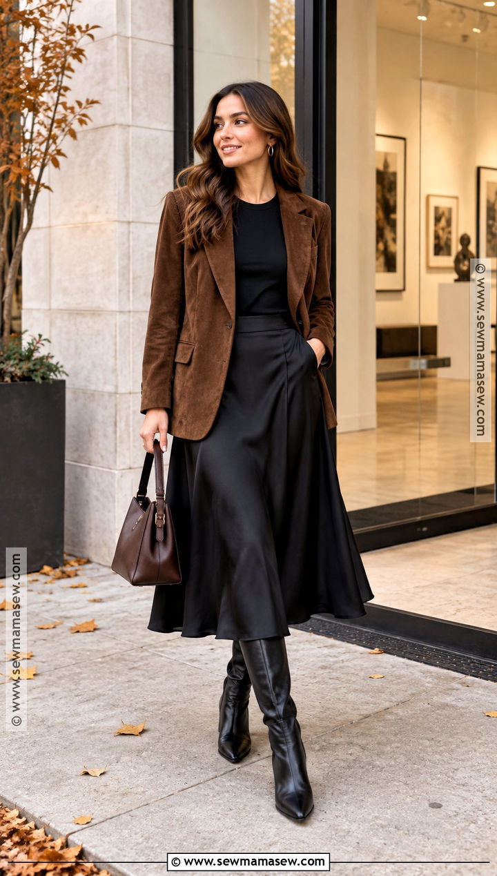 Brown Suede Blazer And Black Midi Skirt Outfit - 20 Black And Brown Fall Outfits