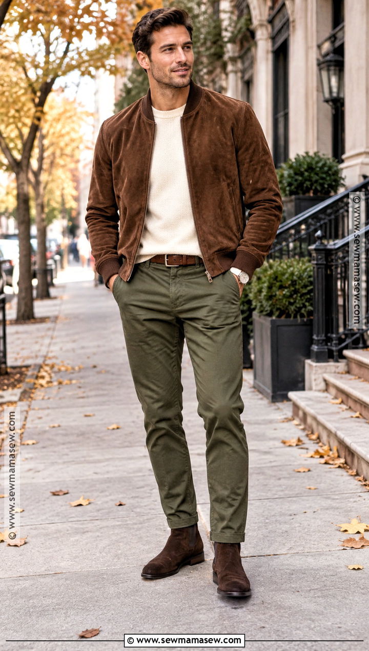 Brown Suede Bomber Jacket With Chinos - 20 men fall jacket ideas