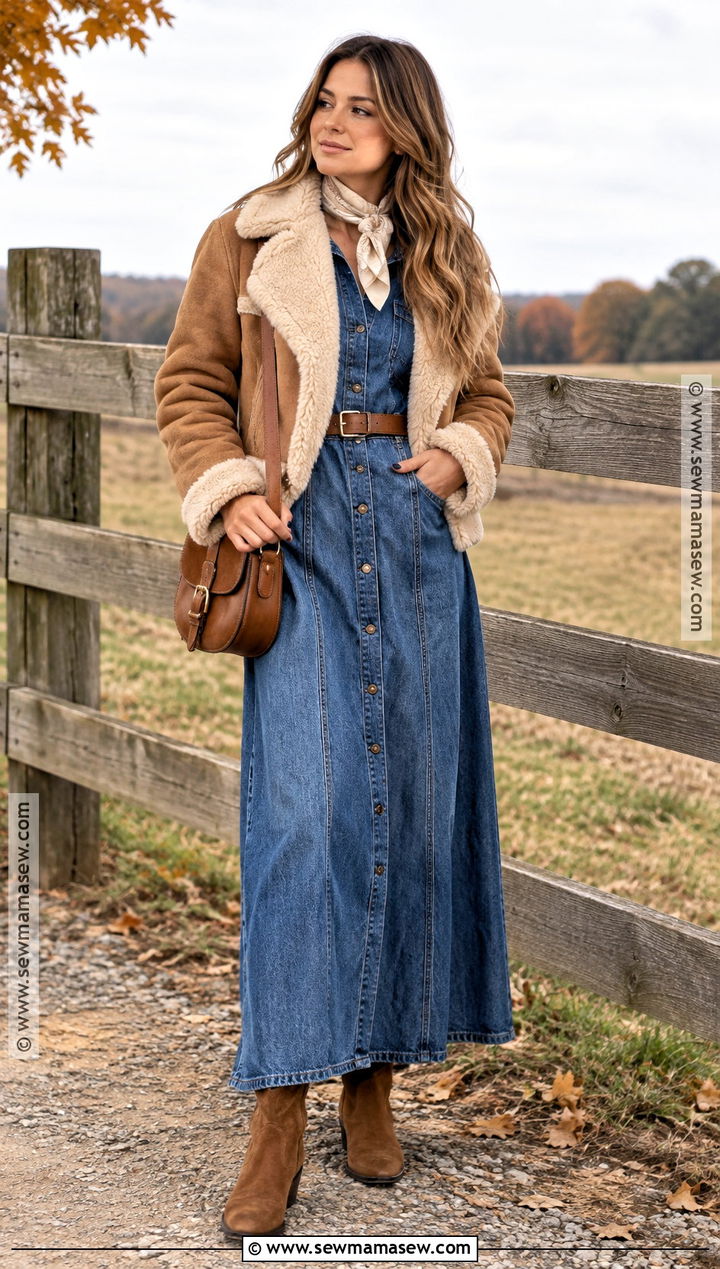 Brown Suede Boots With Denim Maxi Dress - 20 Brown Suede Boots Outfit Fall
