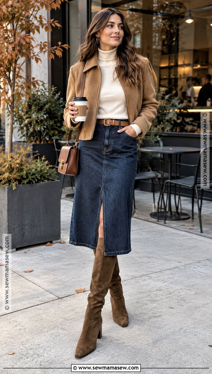 Brown Suede Boots With Denim Midi Skirt - 20 Fall Boots for Women
