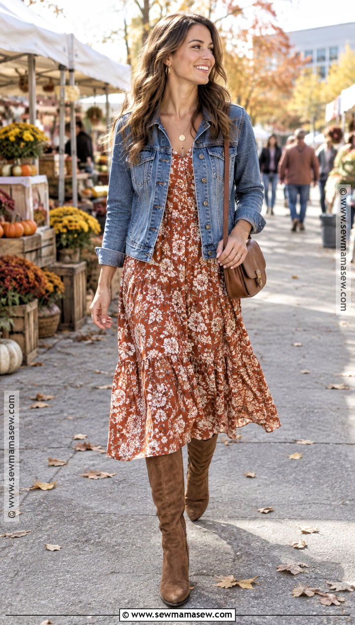 Brown Suede Boots With Floral Midi Dress - 20 Brown Suede Boots Outfit Fall