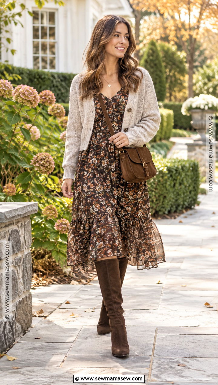 Brown Suede Boots With Floral Midi Dress - 20 brown boots fall outfits