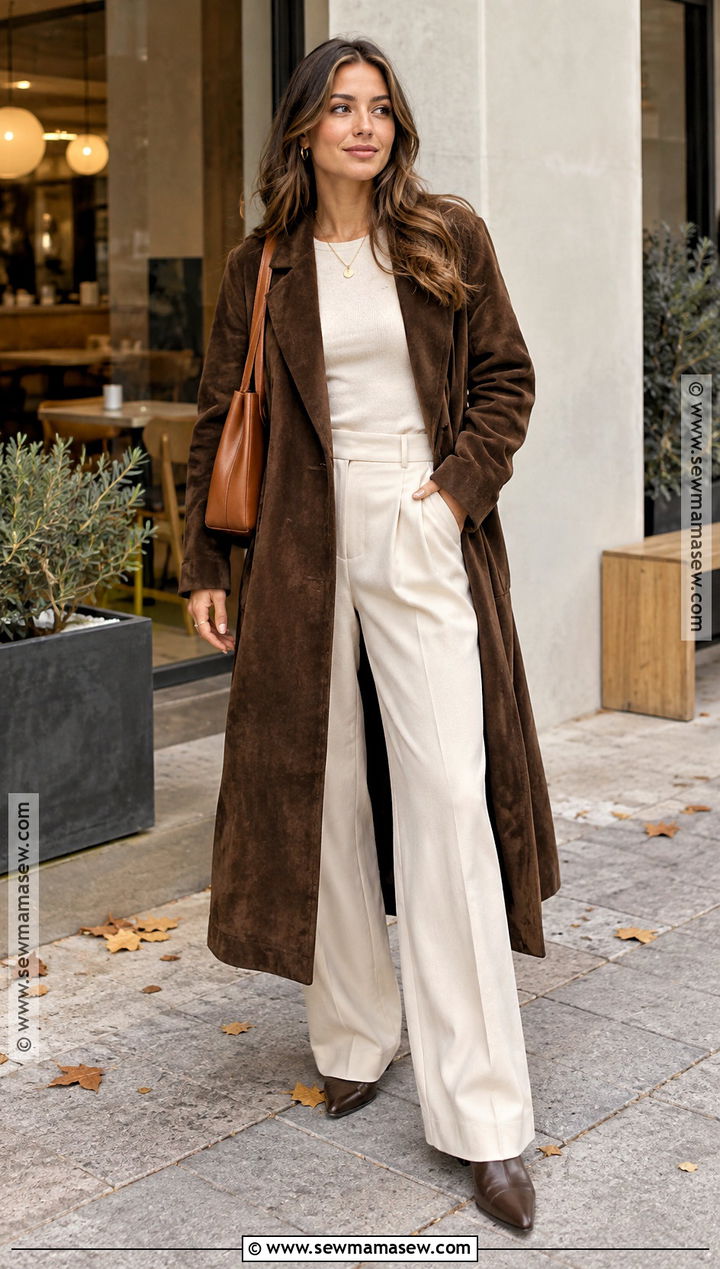 Brown Suede Coat With Cream Knit And Wide Leg Pants - 20 long fall coat ideas