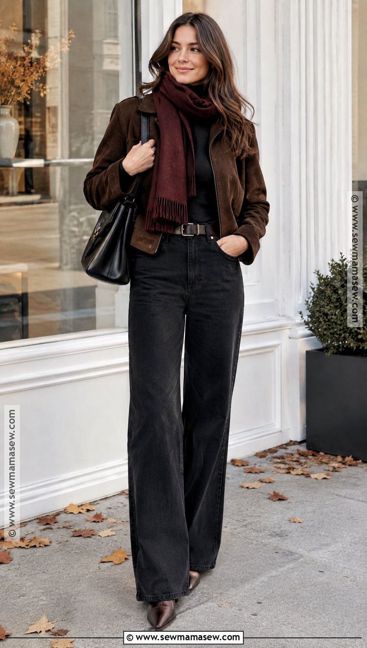 Brown Suede Jacket And Black Jeans Outfit - 25 dark fall outfits