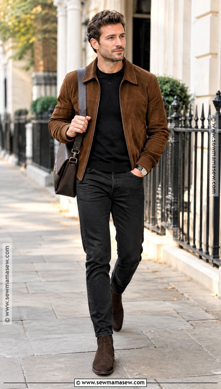 Brown Suede Jacket And Black Jeans Outfit - 25 autumn style ideas for men