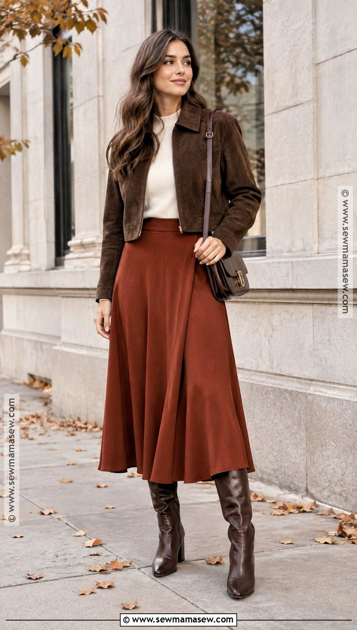 Brown Suede Jacket And Midi Skirt Fall Outfit - 25 fall style trends
