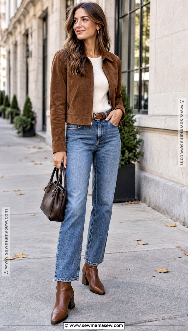 Brown Suede Jacket And Straight Jeans Autumn Outfit - 15 earthy outfits autumn