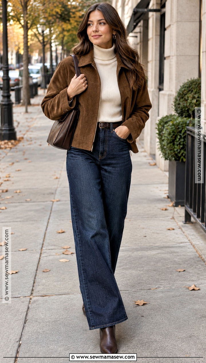 Brown Suede Jacket And Wide Leg Jeans Outfit - 15 November 2026 Outfit Ideas