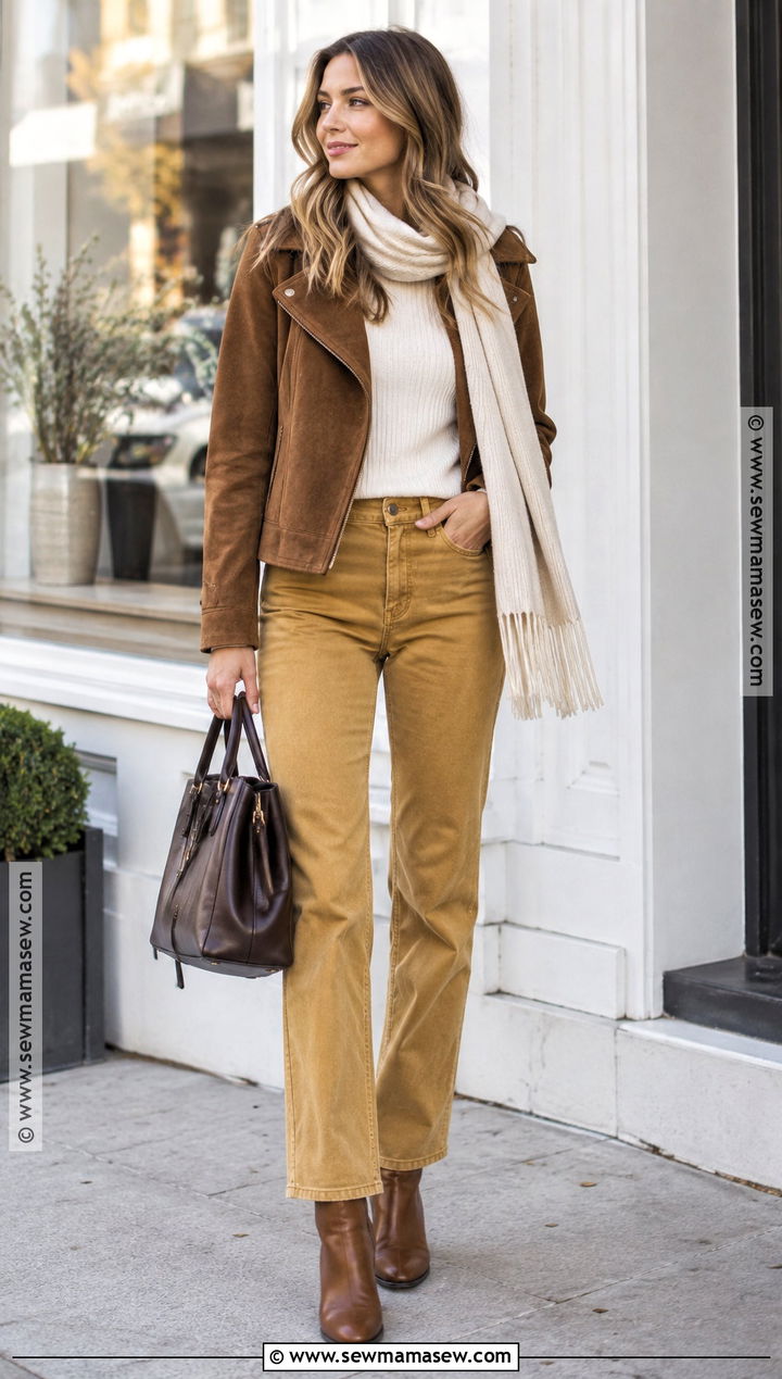 Brown Suede Jacket And Yellow Jeans Outfit - 15 Brown And Yellow Fall Fashion Ideas