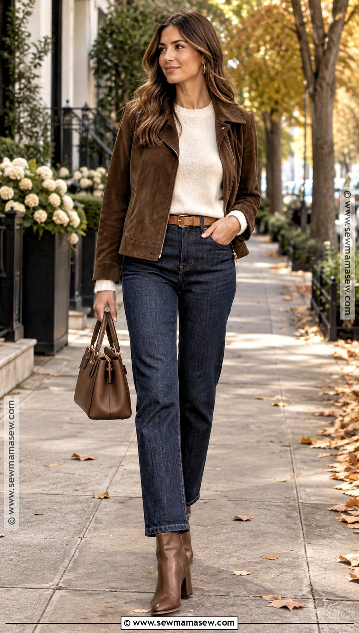 Brown Suede Jacket With Dark Denim - 15 autumn jackets 2026