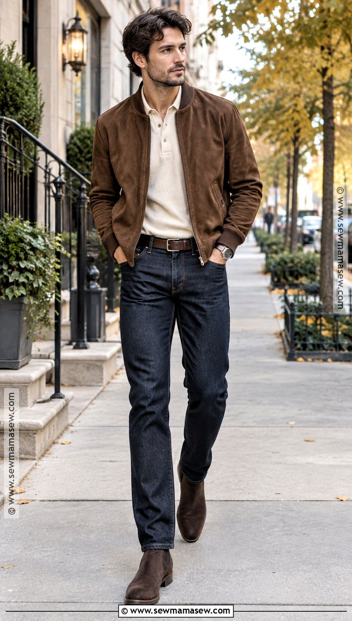 Brown Suede Jacket With Dark Jeans - 15 dapper fall outfits for men