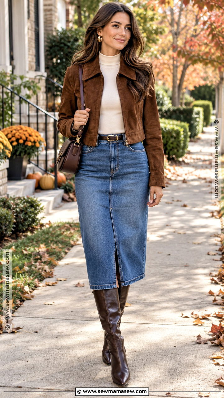 Brown Suede Jacket With Jean Midi Skirt - 20 Jean Skirt Thanksgiving Outfits
