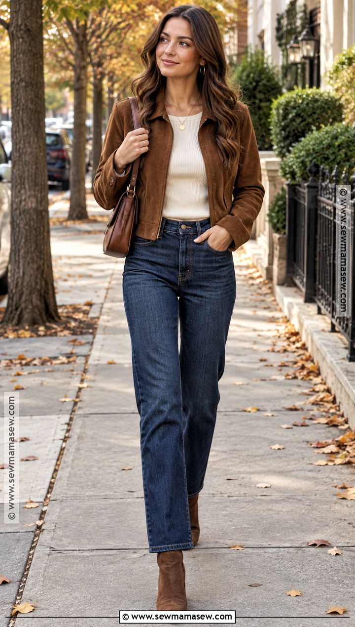 Brown Suede Jacket With Jeans - 15 autumn brown fashion style ideas