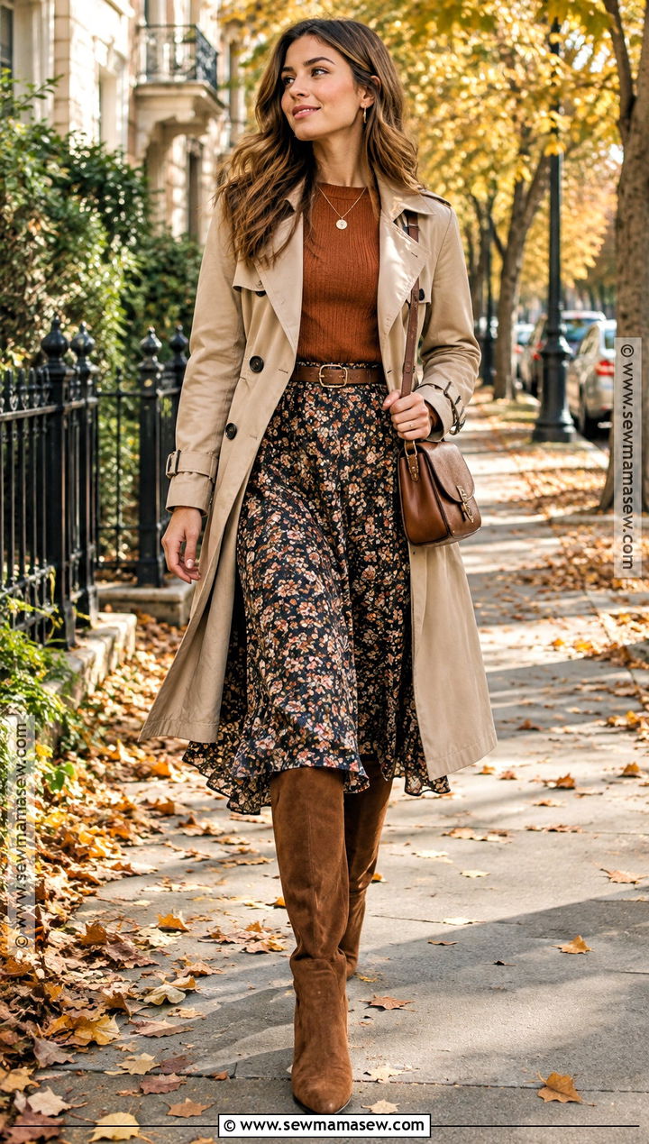 Brown Suede Knee High Boots With Midi Skirt - 15 fall heel boots