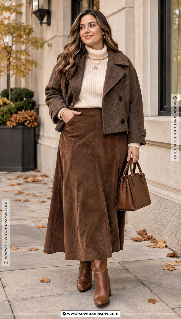 Brown Suede Long Skirt Outfit With Cream Sweater - 25 fall long skirt outfits