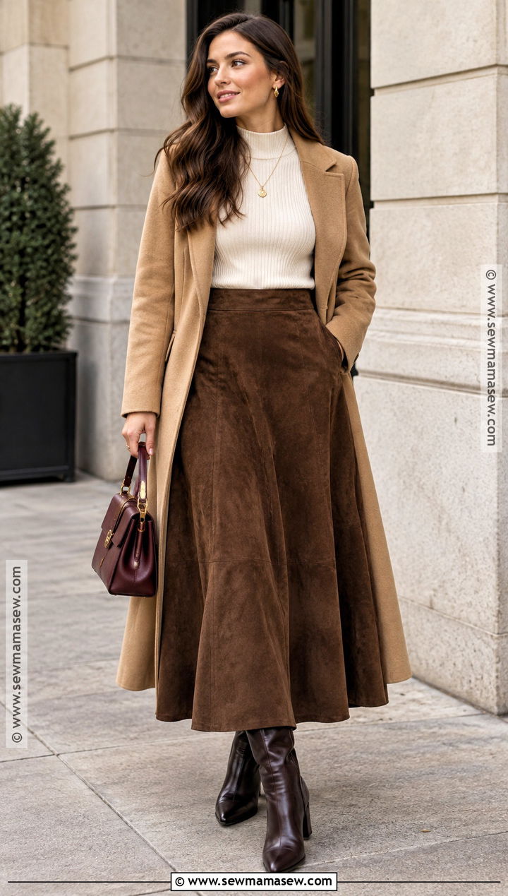 Brown Suede Long Skirt Outfit With Knit Top - 25 fall outfits long skirt