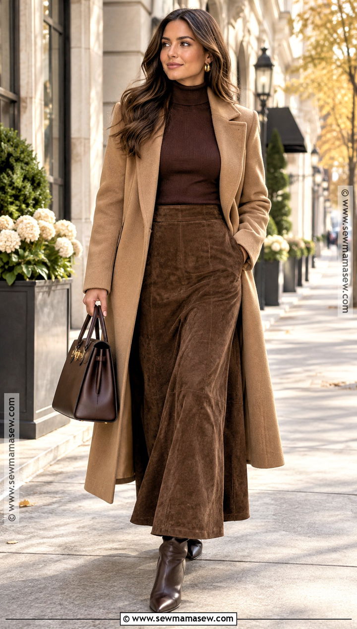 Brown Suede Maxi Skirt With Turtleneck And Boots - 25 fall maxi skirt outfits