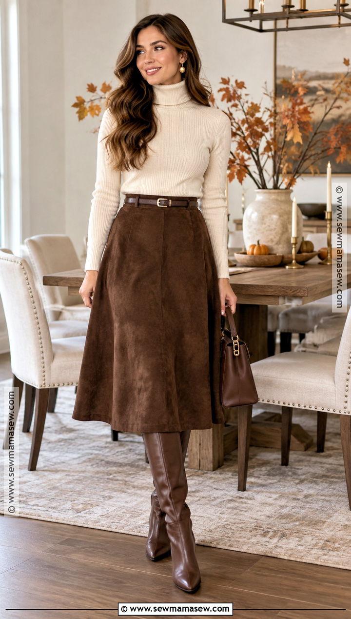 Brown Suede Midi Skirt And Turtleneck - 20 thanksgiving outfit brown ideas