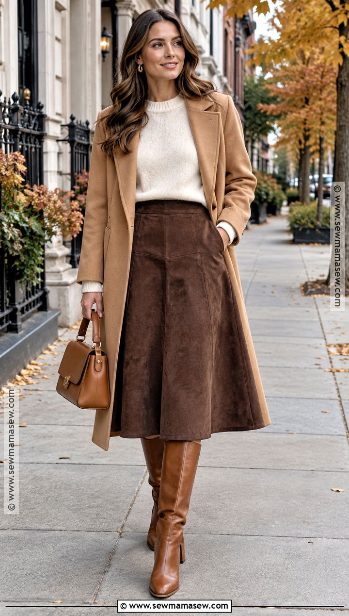 Brown Suede Midi Skirt With Cream Sweater And Knee High Boots - 25 brown skirt fall outfit ideas