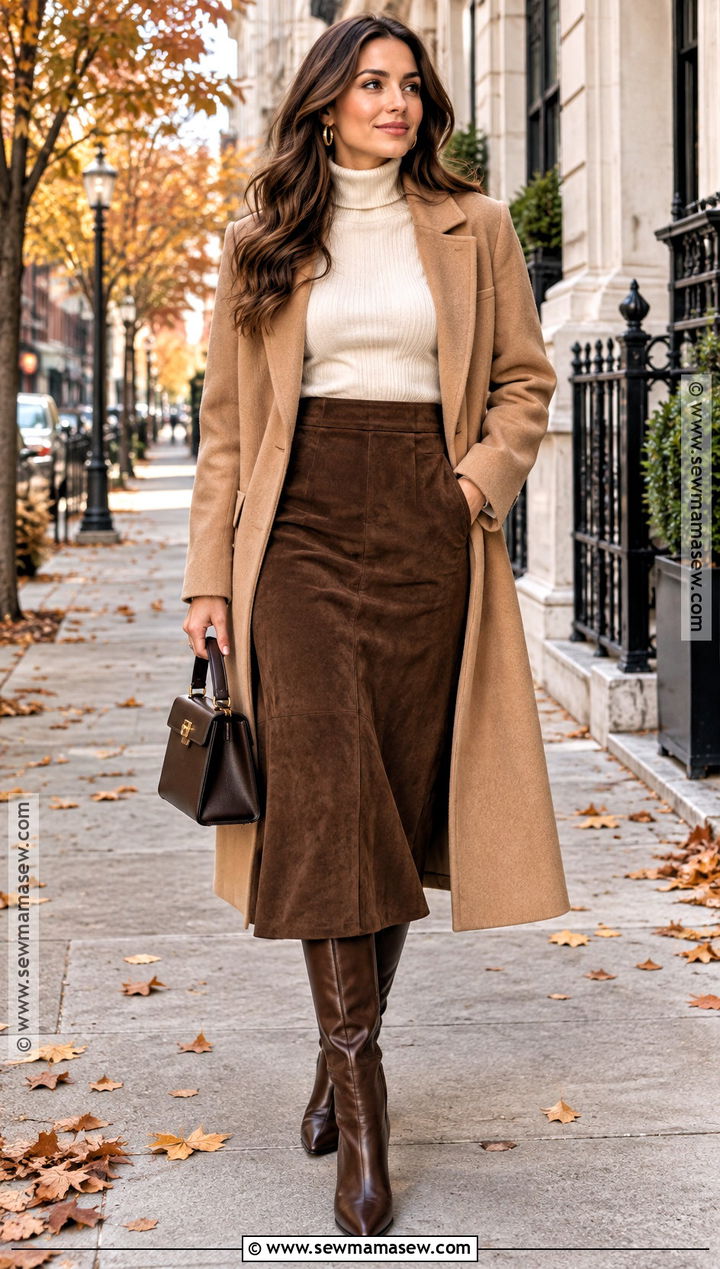 Brown Suede Midi Skirt With Cream Turtleneck - 20 brown skirt outfit fall ideas