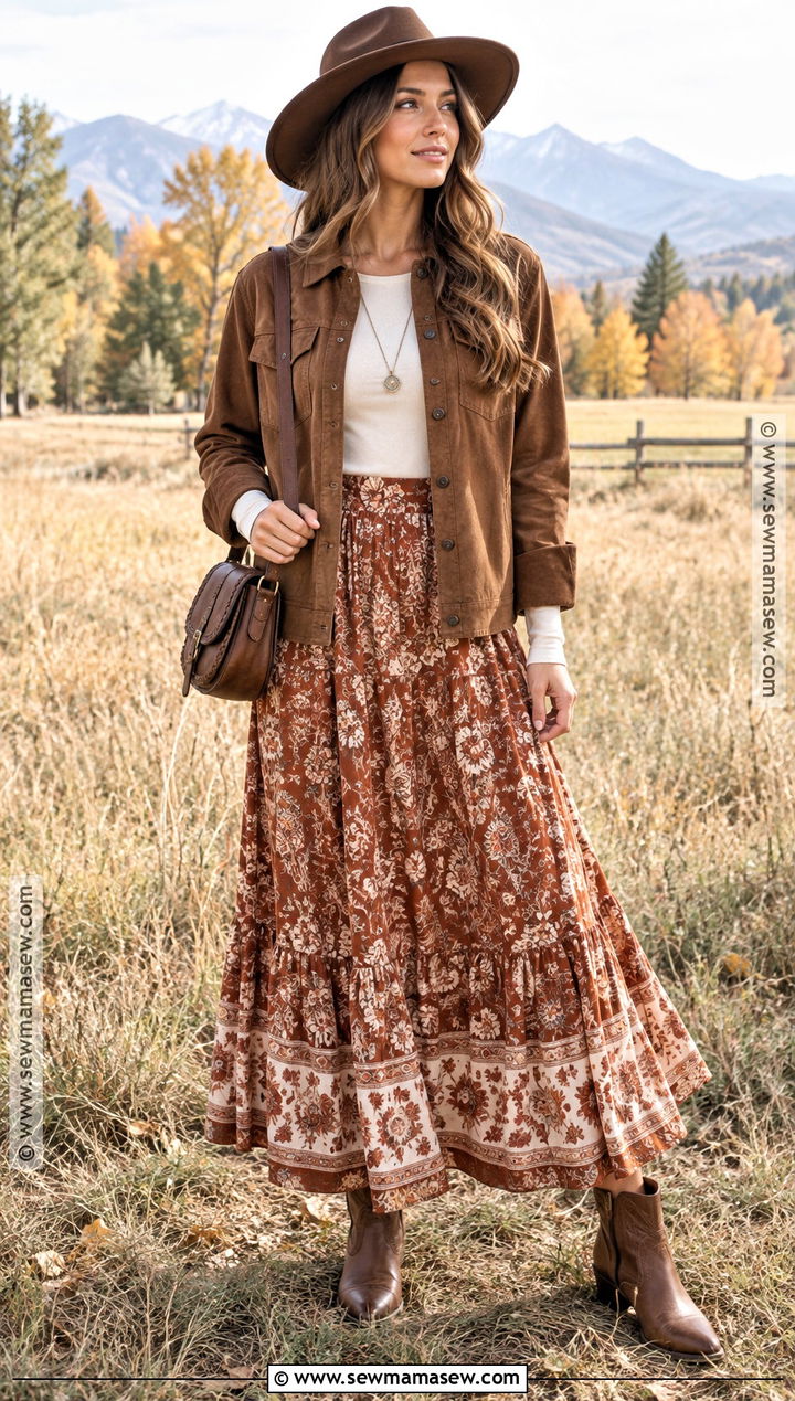 Brown Suede Shacket With Maxi Skirt - 15 Fall Outfit Shacket Ideas