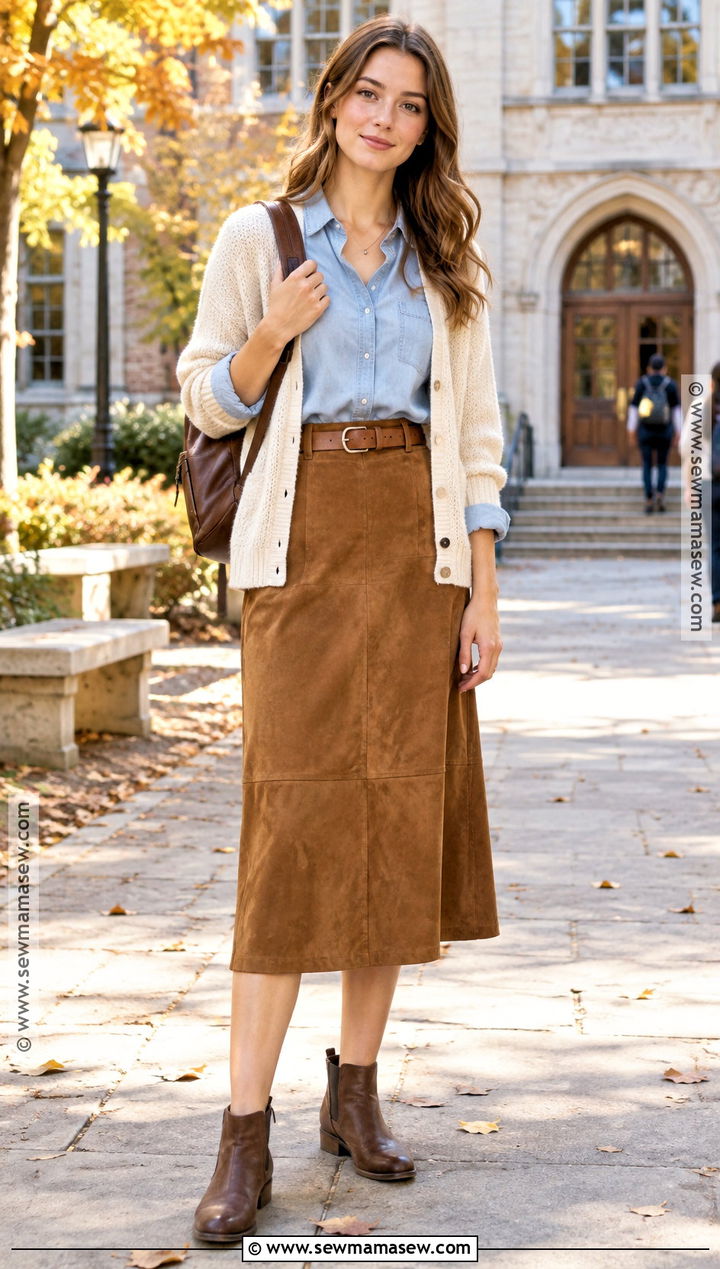 Brown Suede Skirt With Chambray Shirt And Boots - 20 Back To School Skirt Outfits