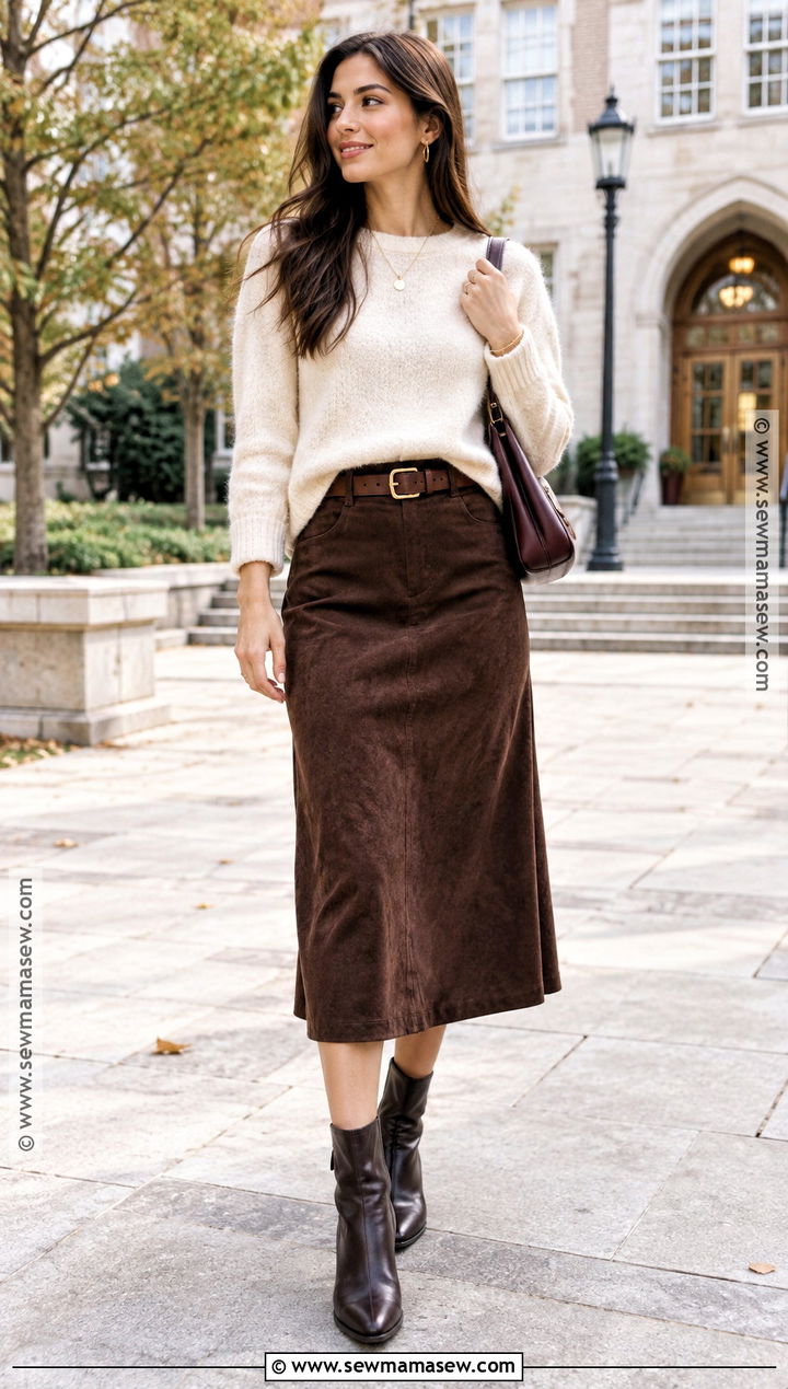 Brown Suede Skirt With Cream Sweater And Boots - 15 Back To School Skirt Styles