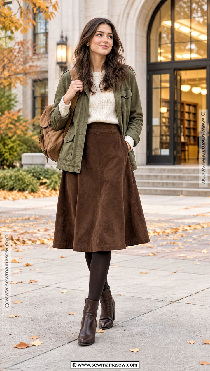 Brown Suede Skirt With Cream Sweater - 25 back to school outfits skirt
