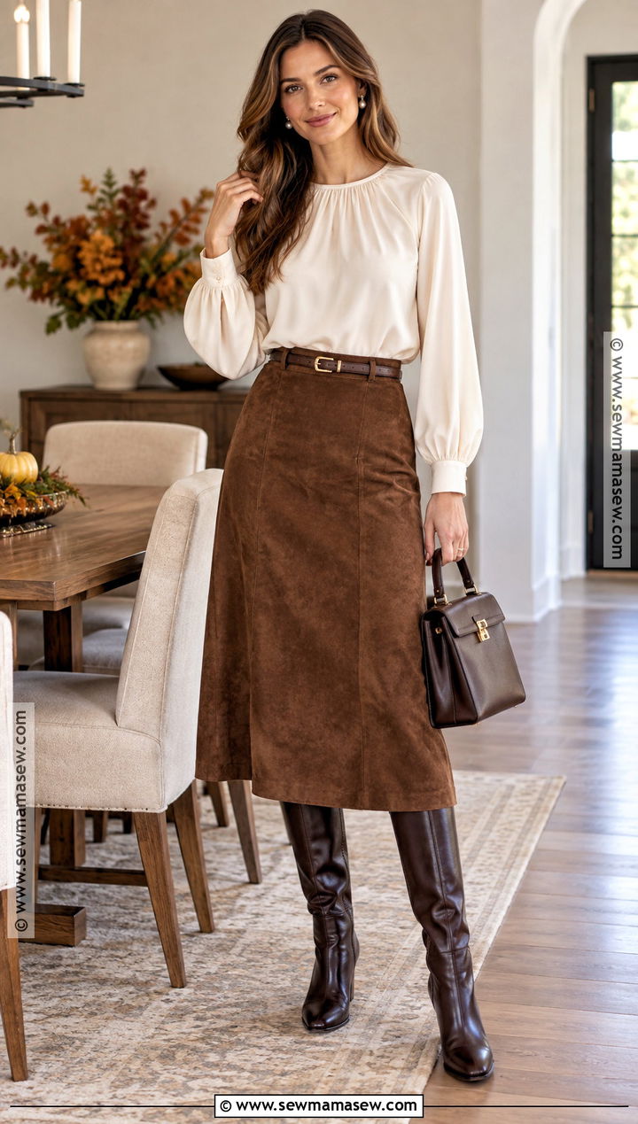 Brown Suede Skirt With Ivory Blouse - 20 Thanksgiving Outfit Brown Skirt Ideas