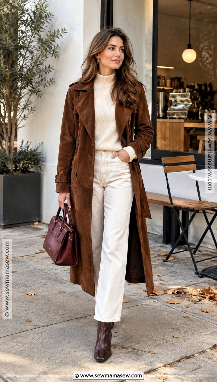 Brown Suede Trench Coat With Cream Knit And Ecru Jeans - 25 fall trench coat outfits