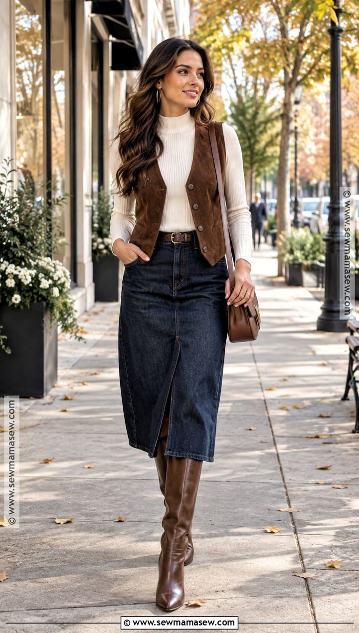 Brown Suede Vest Outfit With Denim Midi Skirt - 20 fall outfits vest