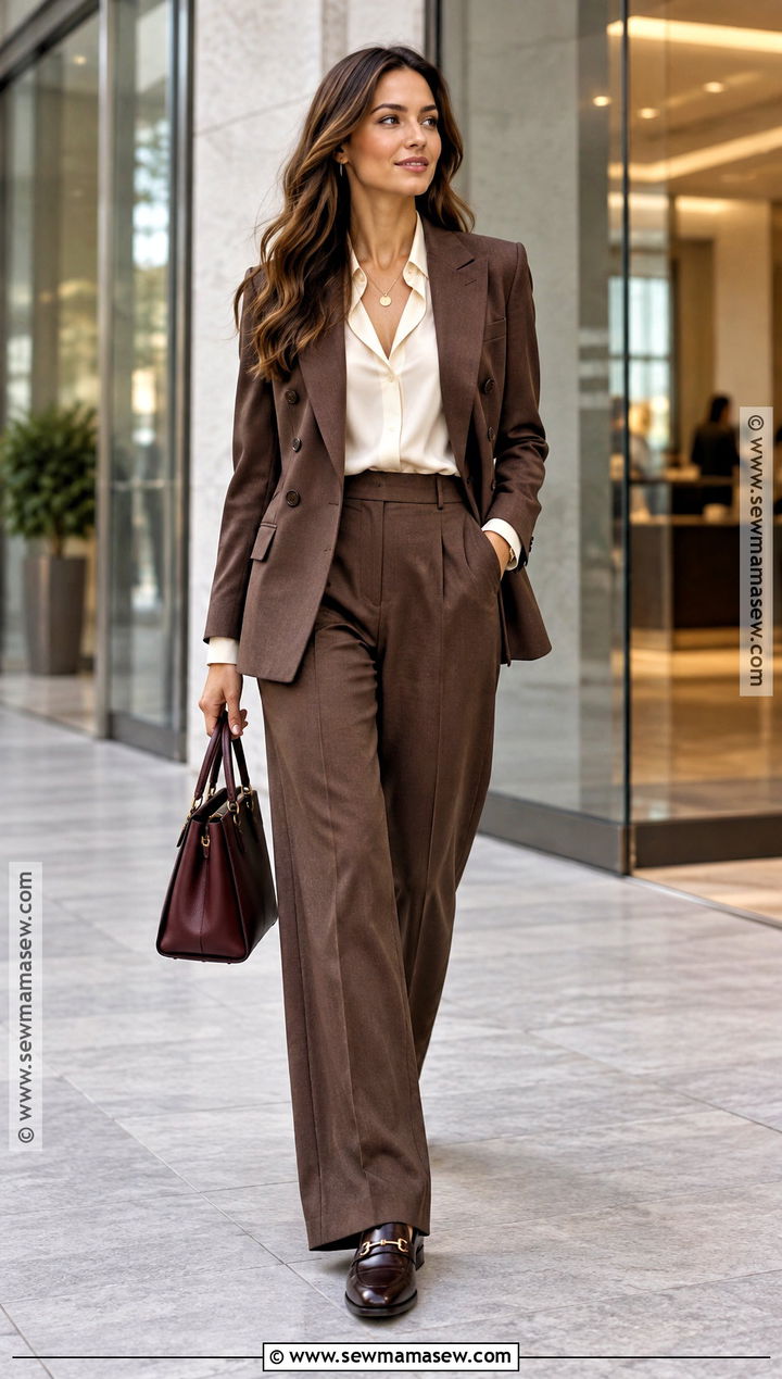Brown Suit And Cream Blouse Fall Office Outfit - 25 Fall Outfits Office