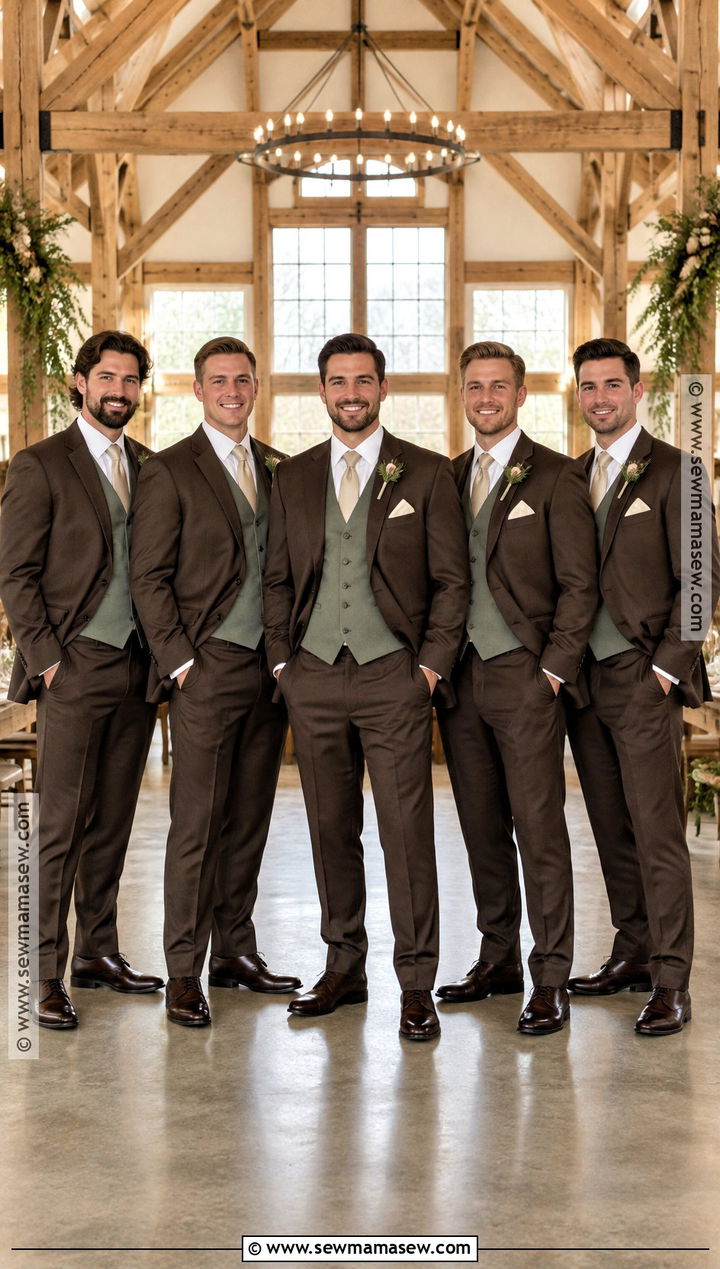 Brown Suit With Sage Green Vest - 15 fall wedding groomsmen attire sage green ideas