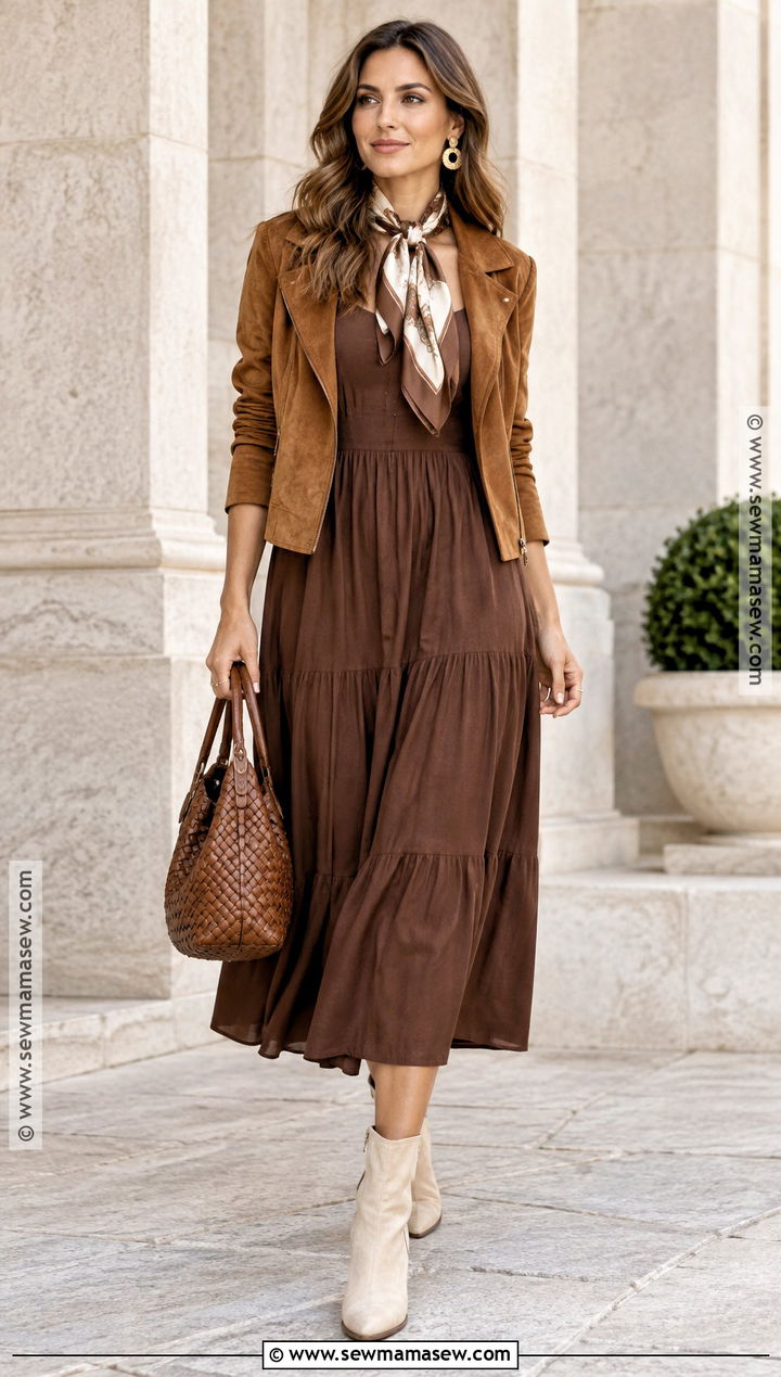 Brown Sundress With Suede Jacket - 20 Fall Sundress Ideas
