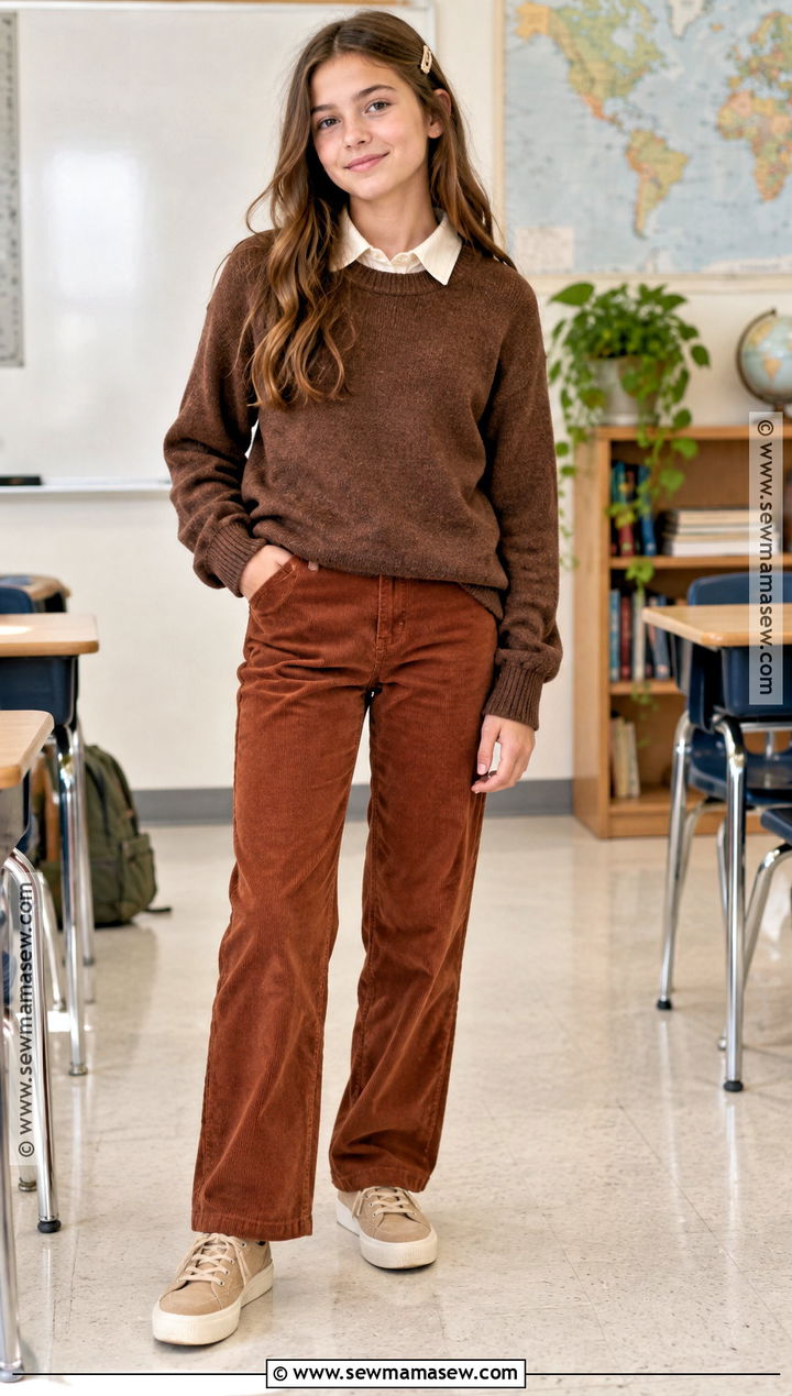 Brown Sweater And Corduroy Pants School Photo Outfit - 15 fall school photos outfits