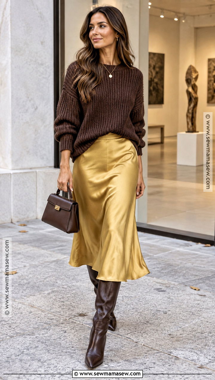 Brown Sweater And Yellow Satin Skirt Outfit - 15 Brown And Yellow Fall Fashion Ideas