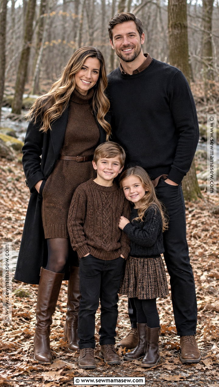 Brown Sweater Dress And Black Coat Family Outfit - 15 fall family pictures outfits black and brown