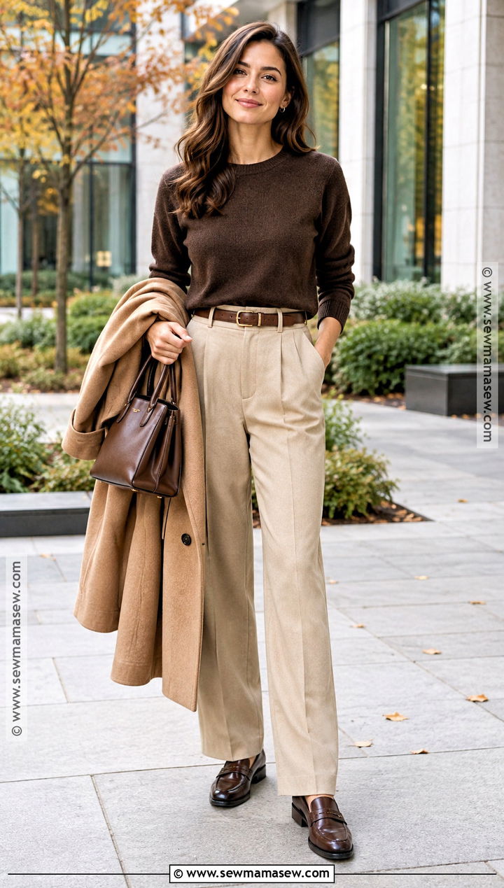 Brown Sweater With Beige Tailored Trousers - 15 brown and beige autumn style ideas