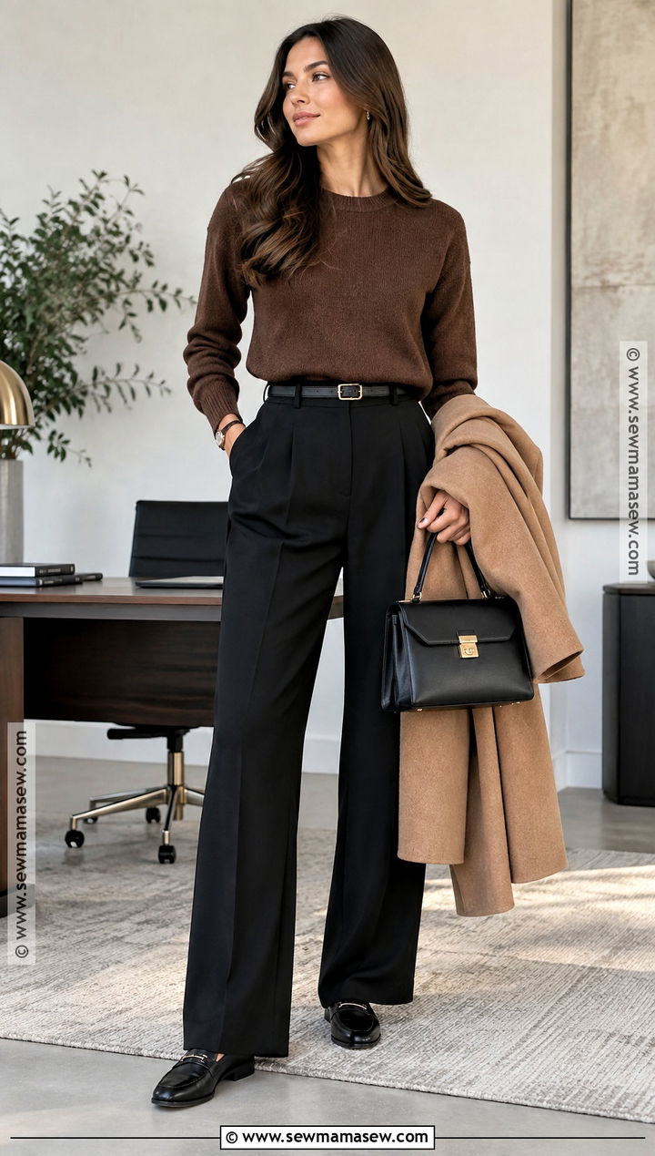 Brown Sweater With Black Trousers And Loafers - 15 autumn brown sweater style ideas