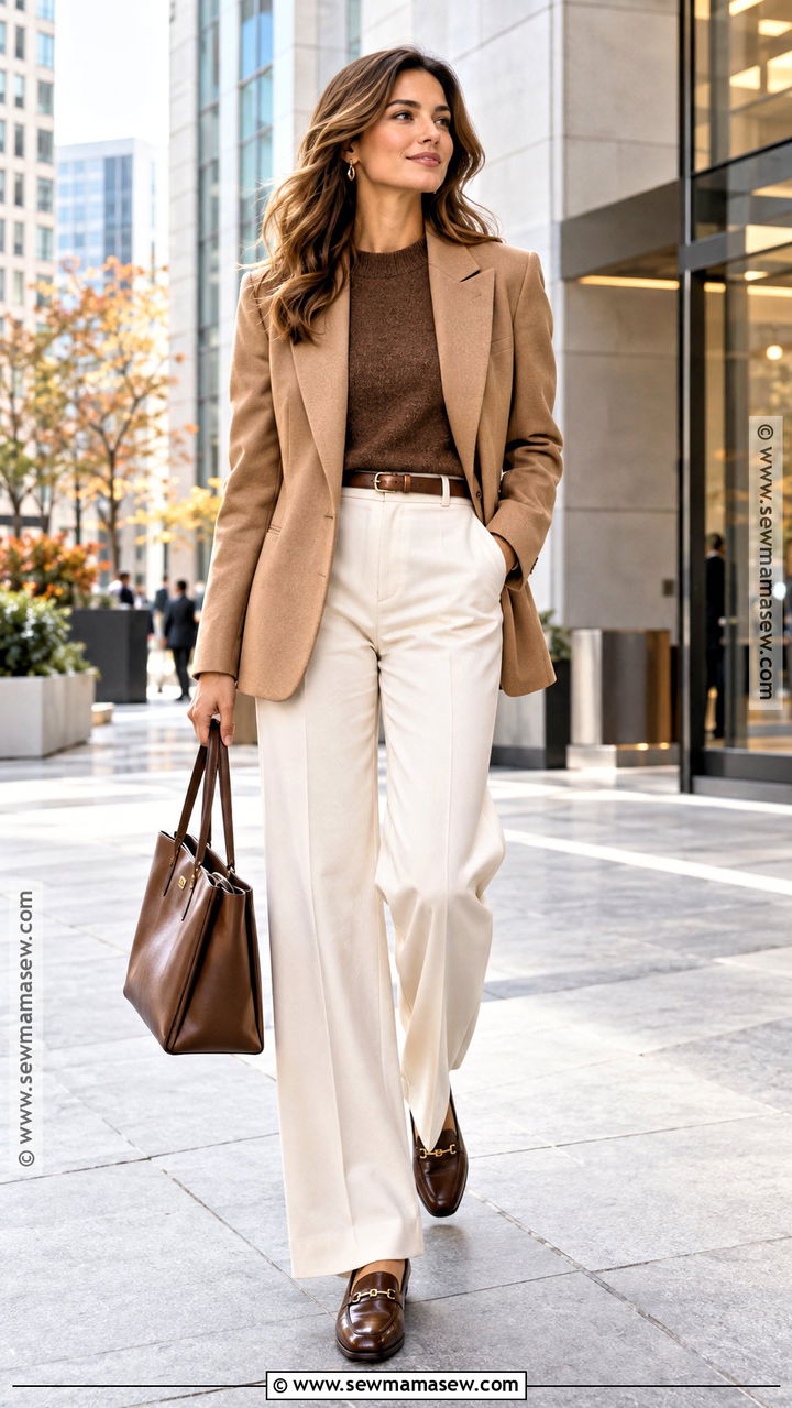 Brown Sweater With Blazer and Tailored Pants - 20 Brown Sweater Outfit Fall Ideas