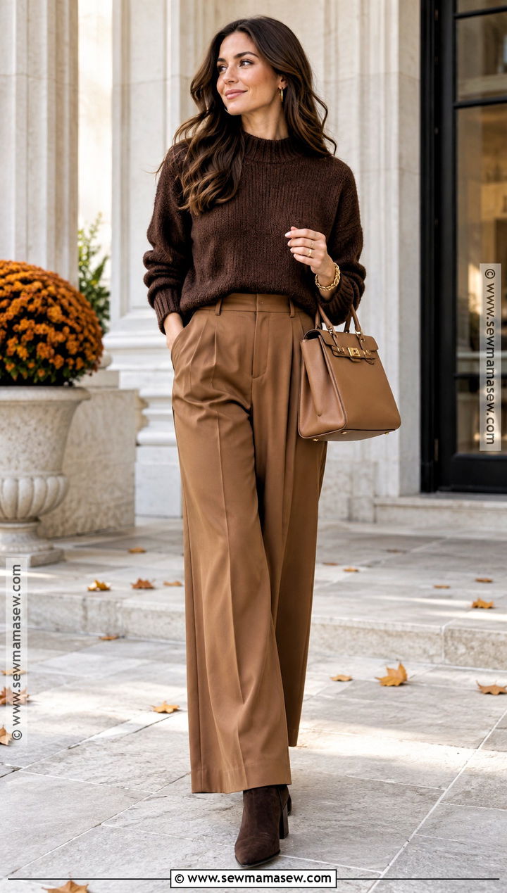 Brown Sweater With Brown Trousers And Suede Boots - 25 fall attire ideas