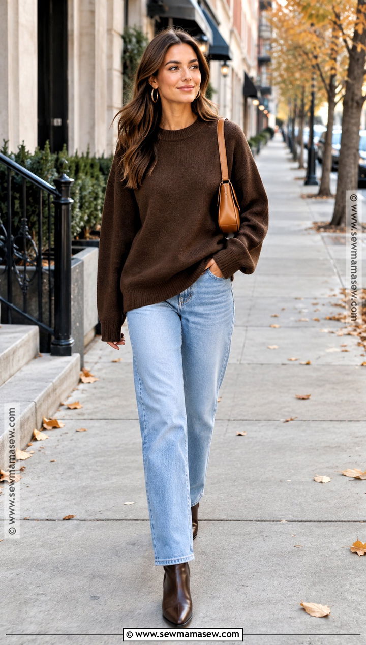 Brown Sweater With Light Wash Jeans And Ankle Boots - 15 autumn brown sweater style ideas