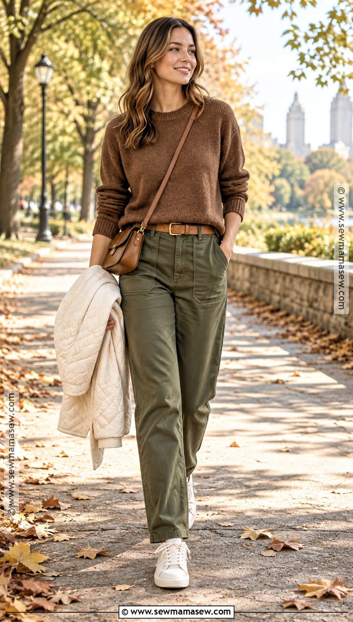Brown Sweater With Olive Pants And Leather Sneakers - 15 autumn brown sweater style ideas