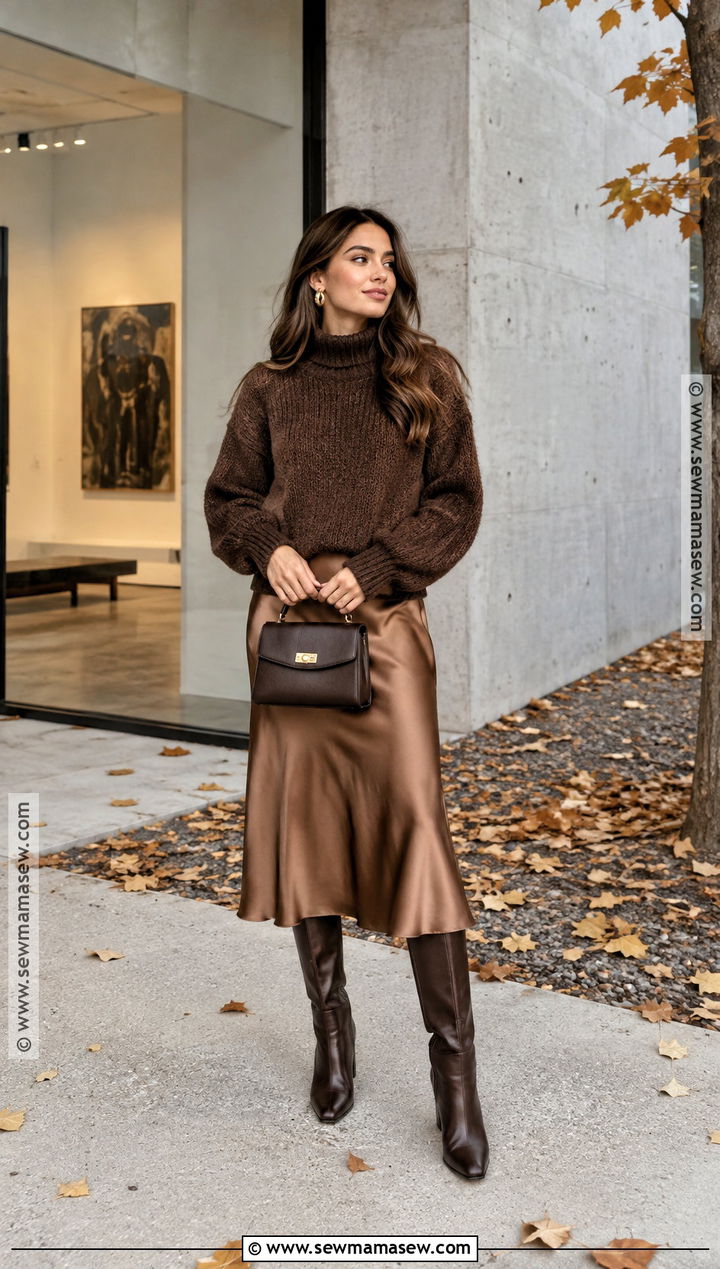 Brown Sweater With Satin Midi Skirt And Knee High Boots - 15 autumn brown sweater style ideas