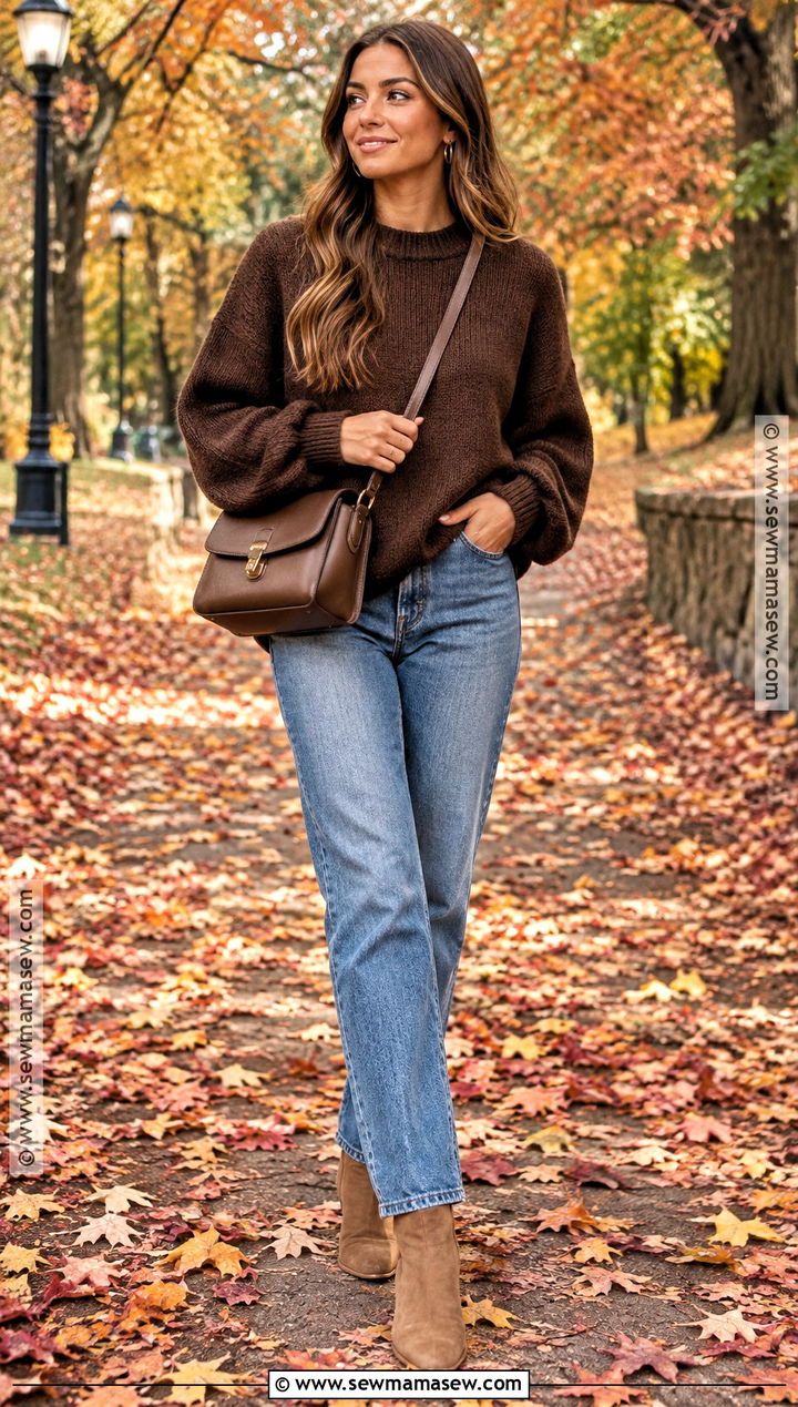 Brown Sweater and Straight Leg Jeans Fall Photoshoot - 15 Cute Fall Outfits Photoshoot