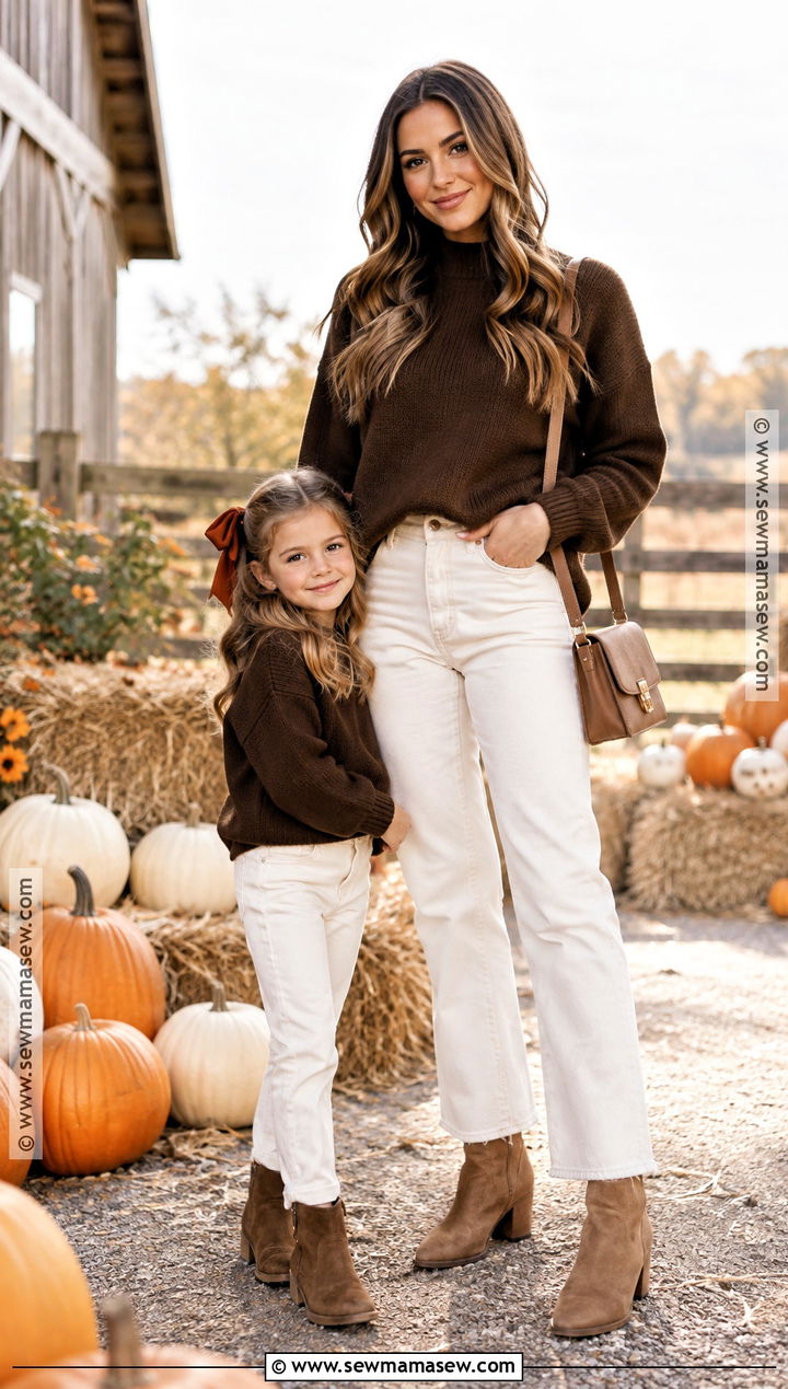 Brown Sweaters and Cream Jeans Pumpkin Patch Outfit - 15 mom and daughter pumpkin patch outfits