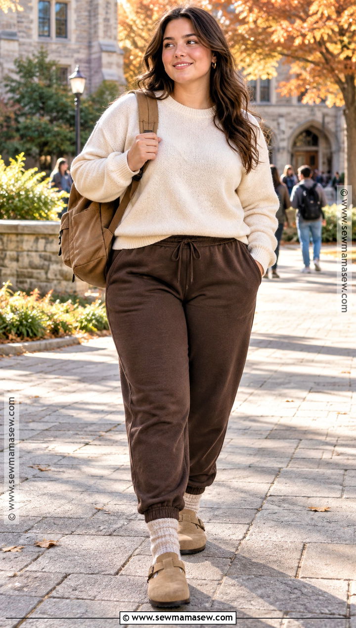 Brown Sweatpants With Cream Sweater And Clogs - 15 sweatpants outfit for school fall ideas